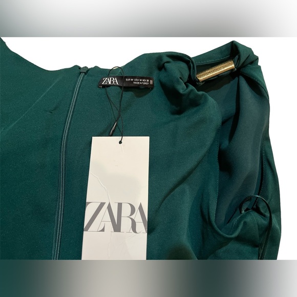 ZARA New Stunning Medium Gold Metal Piece Asymmetric Green MIDI Dress Front Slit - Picture 10 of 15